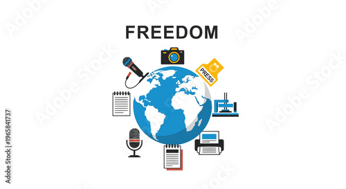 Global communication and freedom of press concept with earth surrounded by media icons and "FREEDOM" text on isolated white background.