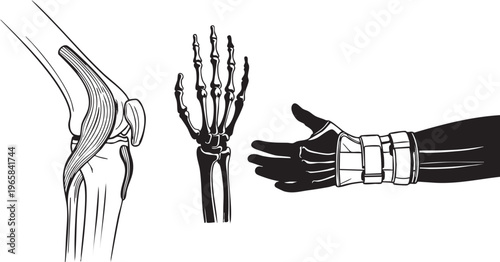 Black and white silhouette style of human arm bones and wrist brace skeleton