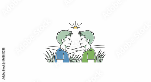 Two boys in a grassy field look at each other under a sunrise