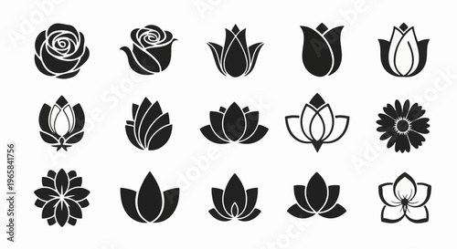 Collection of stylized floral icons featuring roses, tulips, lotuses, and daisies