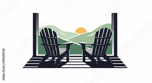 Two Adirondack chairs on a deck overlook a serene mountain sunrise