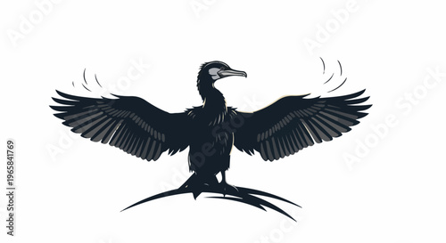 Dark bird with wings spread wide, perched on a white background