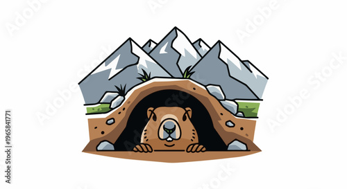 Cute cartoon groundhog peeks from burrow under snowy mountains
