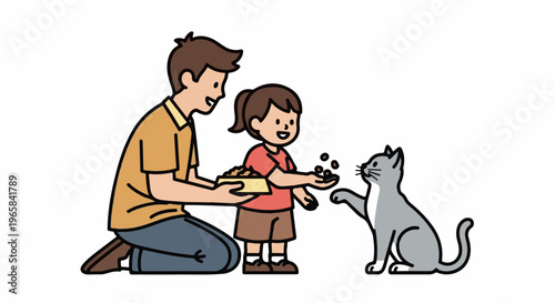 Father and daughter feeding a cat