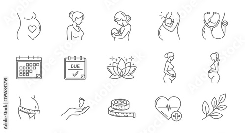 Set of pregnancy and maternity outline icons, health, due date, baby care, and wellness symbols on isolated white background.