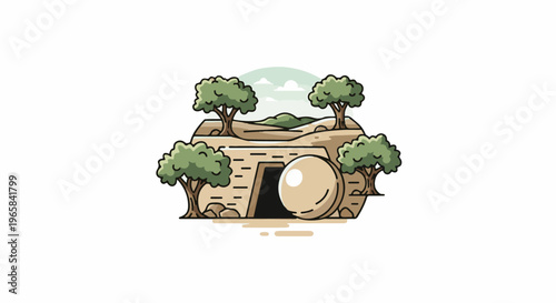 Empty tomb with rolling stone and surrounding trees under cloudy sky