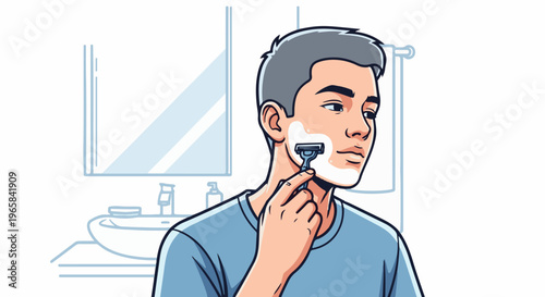 Man shaving face with razor in bathroom sink area