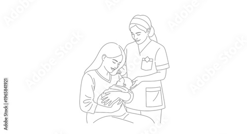Caring Midwife or Nurse Supporting a New Mother with her Newborn Baby, Isolated White Background
