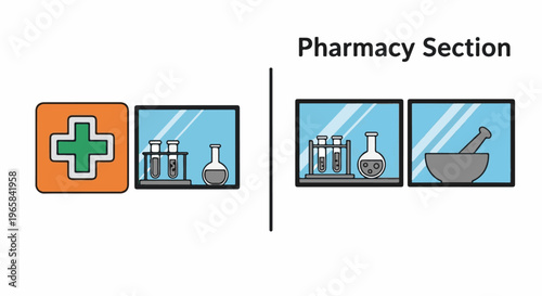 Medical cross icon and lab equipment in display cases