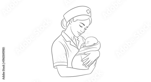 Caring Midwife or Nurse Tenderly Holding a Newborn Baby, Emphasizing Professional Care, Isolated White Background