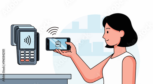 Woman uses smartphone with NFC for contactless payment at terminal