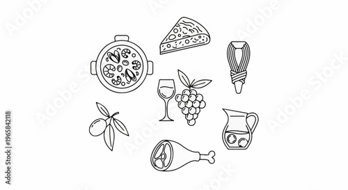 Illustrated selection of Italian food and drink items arranged in a circle