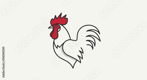 Majestic Rooster Standing Proudly, Farm Animal Line Art with Red Comb, Isolated White Background