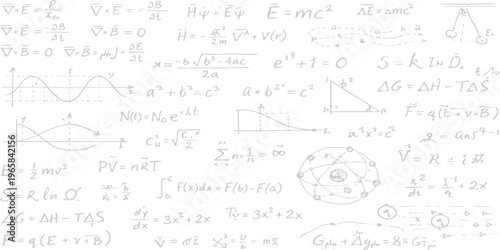Seamless doodle illustration of mathematical formulas and physics equations sketched on a school blackboard texture for an algebra education design pattern