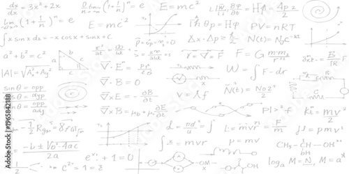 A seamless pattern design for education and science features math formulas and musical notes drawn with white line art on an old blackboard texture illustration