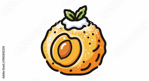 Cartoon illustration of a delicious looking sweet pastry with fruit and cream