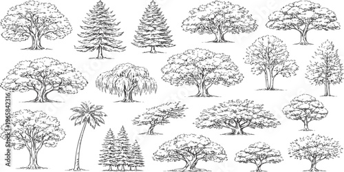 Seamless autumn pattern featuring nature silhouettes of tree sets and blue umbrellas under rainy clouds for a seasonal weather illustration