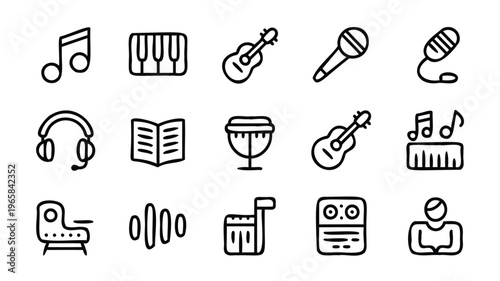 A collection of black and white line art icons representing various musical instruments and audio equipment