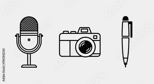 Microphone Camera Pen Outline Icons Set, isolated white background