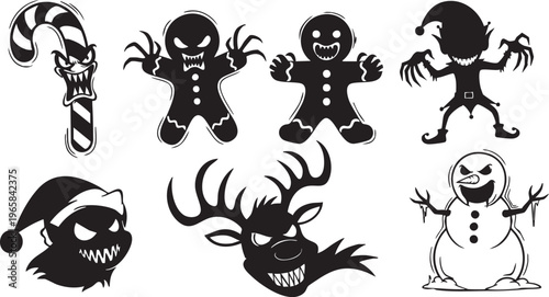 Black and white whimsical animated holiday characters silhouettes Christmas Halloween