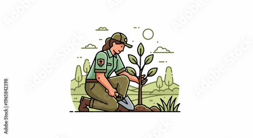 Person in uniform planting a young sapling in a park setting