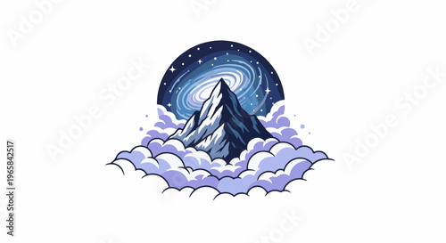 Majestic mountain peak emerges from clouds under swirling galaxy night sky