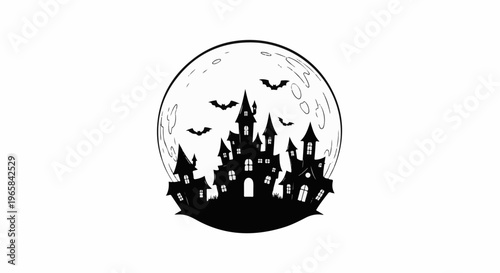 Silhouette of a spooky castle with bats flying in front of a large moon