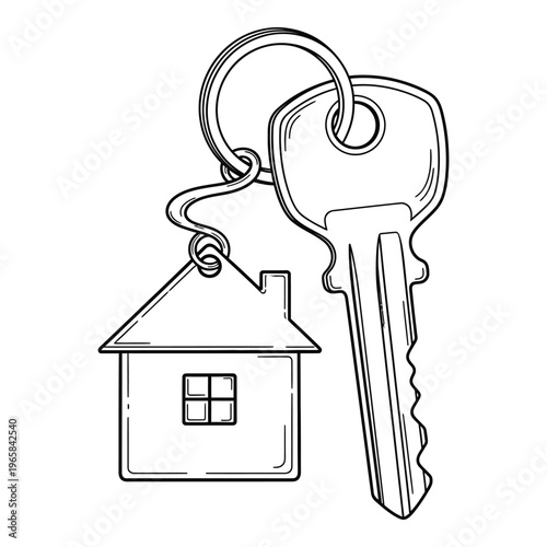 Sketch of a house key with a house-shaped keychain on a ring with real estate with home icon with property icon