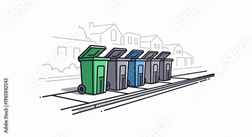 Lined up colorful bins stand before houses on a white background