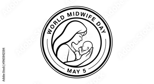 World Midwife Day May 5 Logo, Mother Holding Baby in Circular Design on Isolated White Background