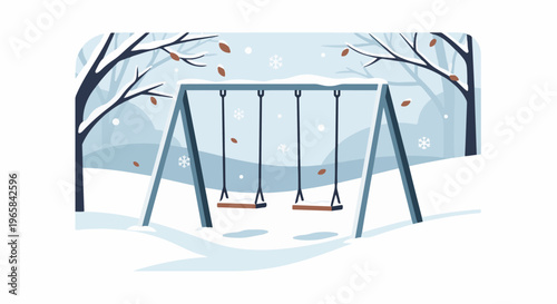 A winter scene with a swing set, snow falling, and bare trees