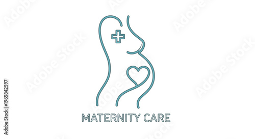 Maternity Care Logo, Pregnant Woman with Heart and Cross Symbol, Line Art on Isolated White Background