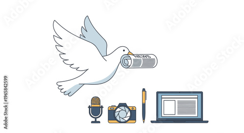 White Dove Delivering Newspaper with Media and Journalism Icons, Representing News and Communication on Bright Studio Background