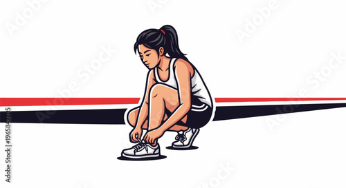 A woman in athletic wear crouches to tie her running shoes