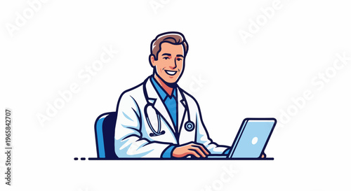 A smiling doctor in a white coat with a stethoscope sits at a desk with a laptop