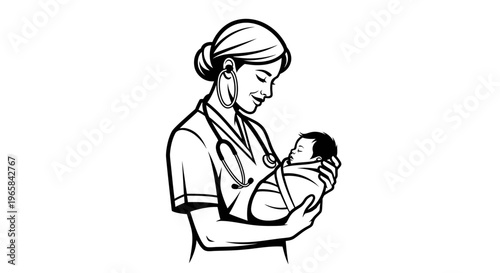 Caring Nurse or Midwife Gently Holding Newborn Baby, Black and White Line Art on Isolated White Background