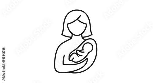 Minimalist Icon of Mother Gently Holding Baby, Line Art on Isolated White Background