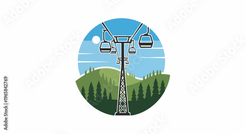 Mountain landscape with ski lift and gondolas under a blue sky