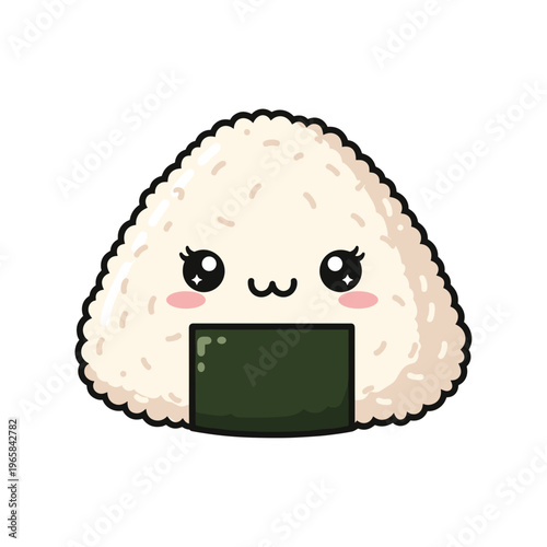 Cute cartoon rice ball character with smiling face and seaweed wrap  