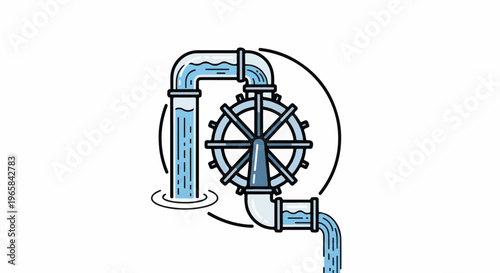 A water wheel mechanism with flowing water, illustrating hydraulic power