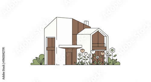 Modern house with unique geometric shapes and surrounding floral garden