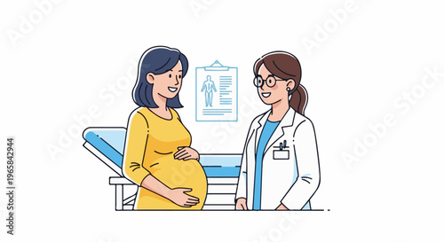 Pregnant woman consults with doctor in examination room