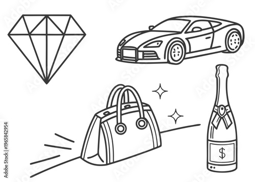 Luxury lifestyle line icons vector illustration of expensive items isolated on white background
