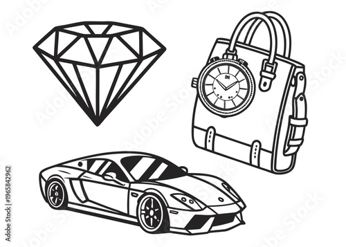 Luxury lifestyle line icons vector illustration of expensive items isolated on white background
