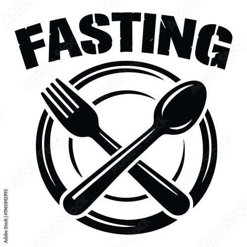 Fasting icon symbol with fork and spoon on plate, black and white graphic, weight loss, no food