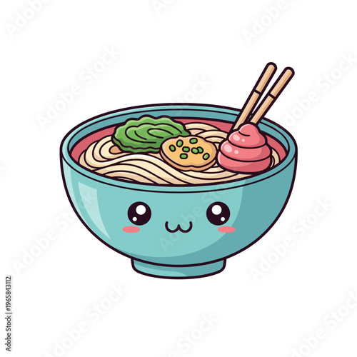 Cute cartoon bowl of udon noodles with smiling face and chopsticks  