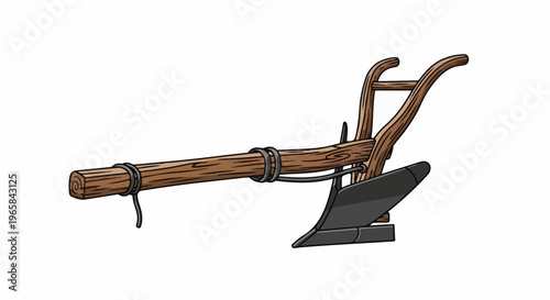 Rustic wooden plow with metal blade, tied with twine