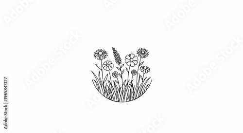 A monochrome illustration of a cluster of wildflowers and tall grass