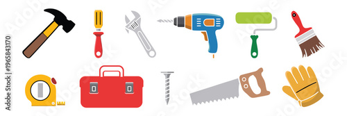hand drawn construction tools pack, colorful cartoon hammer drill saw and paintbrush icons, home repair and diy equipment collection, simple doodle style illustration, modern clean vector design set.