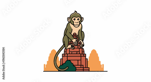 A monkey sits on a brick structure with temples in the background